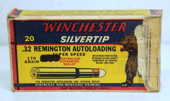 Full Vintage Winchester Bear Box .32 Remington Autoloading...SilverTip Cartridges Ammunition - Box h