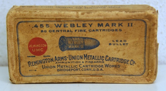Partial Vintage Two Piece Box of 10 Remington UMC .455 Webley Mark II Cartridges Ammunition...