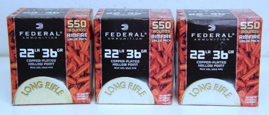3 Full 550 Round Value Pack Boxes Federal .22 LR 36 gr. Hollow Point Cartridges Ammunition...