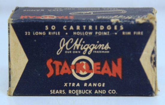 Full Vintage Box Sears Roebuck and Co. J.C. Higgins Sta-Klean .22 LR Cartridges Ammunition - 1 End