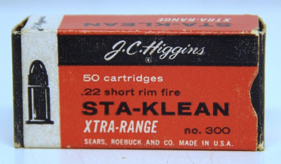 Full Vintage Box Sears Roebuck and Co. J.C. Higgins Sta-Klean .22 Short Cartridges Ammunition...