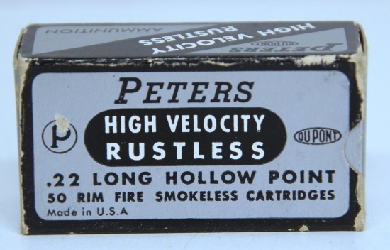 Full Vintage Box Peters High Velocity Rustless .22 Long Hollow Point Cartridges Ammunition...