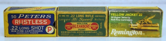 3 Vintage Partial Boxes - 17 Peters Rustless .22 Long Shot, 40 Remington Hollow Point .22 LR, 42