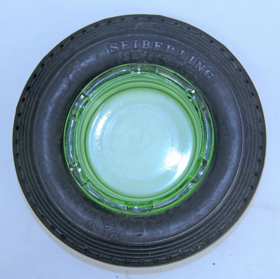 Seiberling...Tire Ashtray, Ashtray is Green Depression Glass...