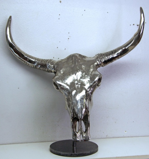 Iron Longhorn Steer Skull Artwork w/Marble Base Stand, Tip to Tip of Horns 25", Stand to Top of