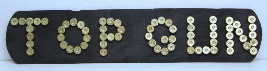 Folk Art...Top Gun Sign Made w/Shotgun Shell Brass Bases, 30" Wide...