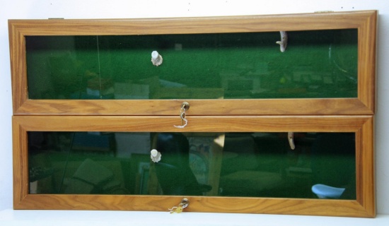 2 Walnut and Glass Rifle Display Cases with Locks on Doors, Antler Hangers, 45" Long, 12" Tall, 4"