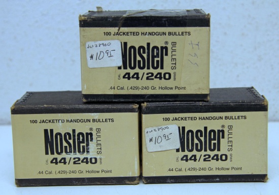 3 Full Boxes of 100 Nosler .44 Cal. (.429)-240 gr. Hollow Point Handgun Bullets for Reloading...
