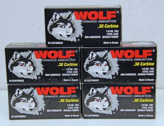 5 Ful Boxes Wolf .30 Carbine 110 gr. FMJ Cartridges Ammunition (250 Rounds)...