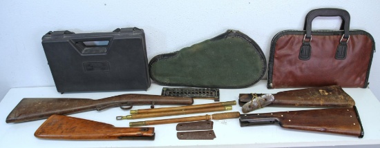 Mixed Lot 4 Old Gun Stocks, Wooden Gun Cleaning Rod, Pair Plastic Colt Grips, Leather Cartridge