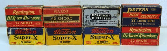 8 Partial Boxes Vintage .22 Cartridges Ammunition... - 2 Remington .22 Short, Ward's .22 Short, Pete