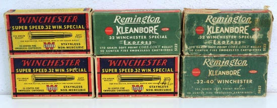 6 Full Vintage Boxes (3 Winchester, 3 Remington) .32 Win. Special 170 gr. Cartridges Ammunition...