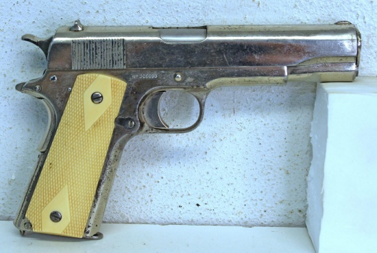 Colt Model 1911 .45 Auto Semi-Auto Pistol... Nickel Plated... Plastic Grips... Fixed Sights... 1 Cli