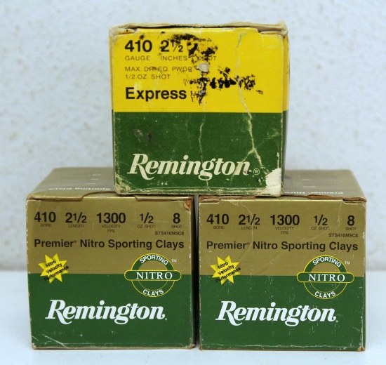 Three Full Boxes Remington .410 Ga. 2 1/2" Shotgun Shells Ammunition - 2 Boxes are Premier Nitro