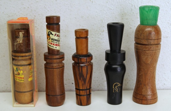 5 Vintage Game Calls - 4 Duck and 1 Goose - Faulk's...Wooden Duck International Champion 1954-1955 i