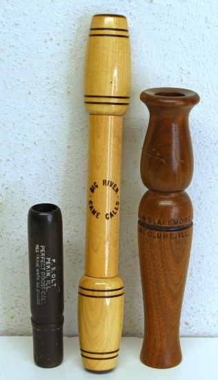 3 Vintage Game Calls - P.S. Olt Perfect Goose A-5, Jim Blakemore...McClure, Ill. Goose, Big River Ga