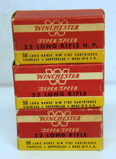 3 Full Vintage Boxes Winchester Super Speed .22 LR Cartridges Ammunition - 1 Box Marked HP, Other 2