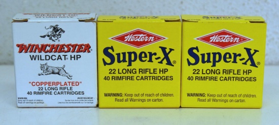 2 Full 40 Count Boxes Western Super-X .22 LR HP and 1 Full 40 Count Box Winchester Wildcat .22 LR HP
