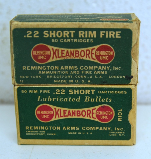 2 Different Versions Vintage Full Remington Dog Bone Boxes .22 Short Rimfire Cartridges Ammunition..