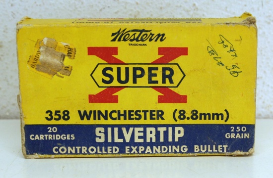 Full Vintage Box Western Super-X .358 Winchester 250 gr. SilverTip Cartridges Ammunition, Box has no