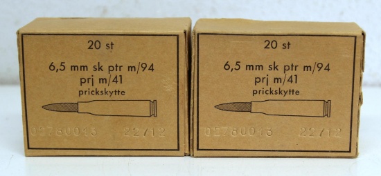 Full Box of 20 and Partial Box of 12 6,5mm prj m/41 prickskytte Cartridges Ammunition (Swedish
