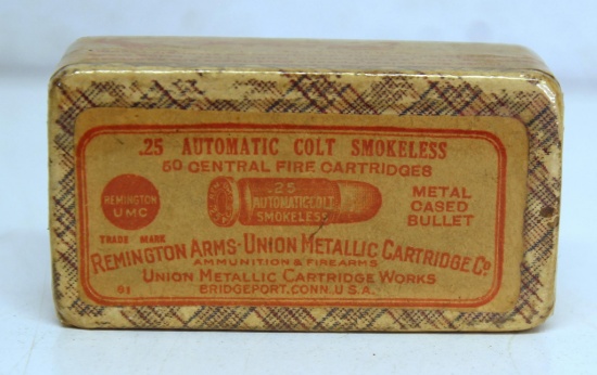 Full Vintage Two Piece Box Remington UMC .25 Automatic Colt Cartridges Ammunition...