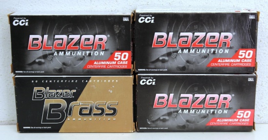 Four Full Boxes Blazer 9 mm Luger Cartridges Ammunition - 3 Boxes 115 gr. FMJ, 1 Box 124 gr. FMJ...