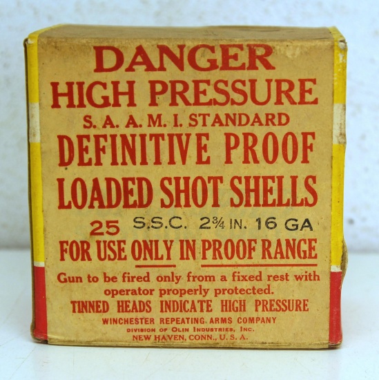 Full Vintage Sealed Box Winchester Hi-Speed Definitive Proof Loaded 16 Ga. Shot Shells Ammunition,