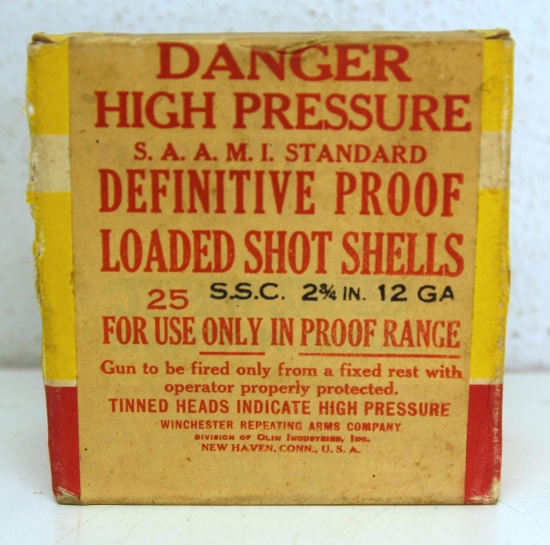 Full Vintage Sealed Box Winchester Hi-Speed Definitive Proof Loaded 12 Ga. Shot Shells Ammunition,