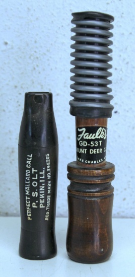 Two Vintage Game Calls - Faulk's GD-53T Grunt Deer Call, PS Olt Perfect Mallard Call...