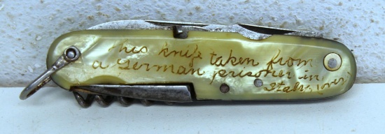 Old German Prisoner Pocket Knife Inscribed "This knife taken from a German prisoner in Italy (over)"