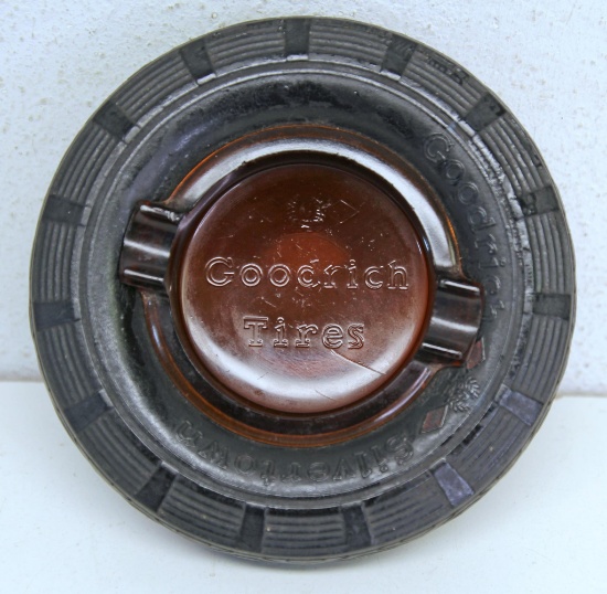 Vintage Advertising Ashtray Goodrich Silvertown Tires - Amber Colored Glass Ashtray Insert...