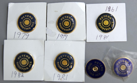 7 Vintage Peters Shooting Ace Pin Backs, 1970's & 80's...