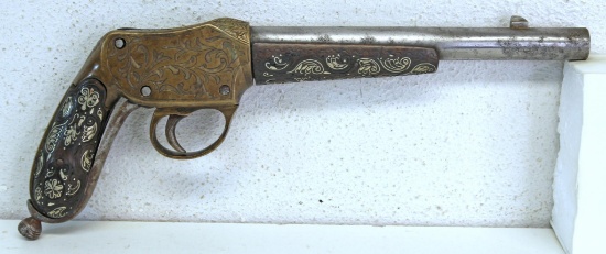 Antique (Mid 1800's) Middle Eastern Falling Block Pistol with Engraved Brass Frame and Silver Wire