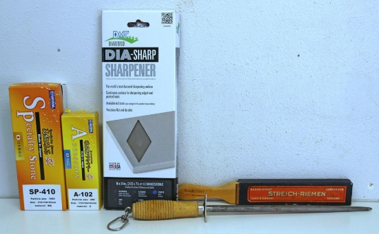 Mixed Lot Knife and Blade Sharpening Stones - Sharpening Steel, German Razor Strop, DMT Diamond