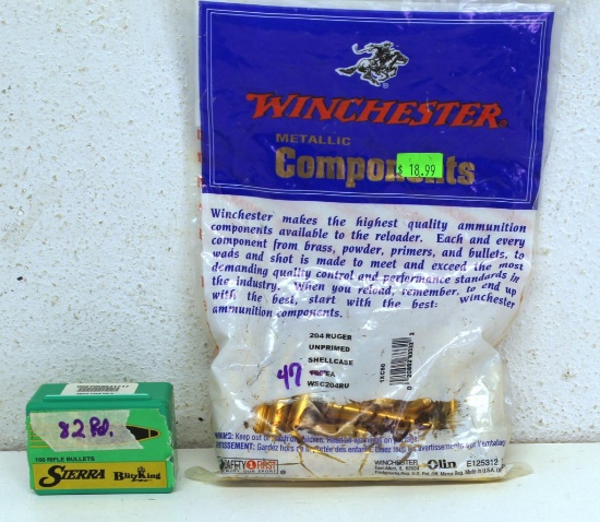 47 Rounds New Winchester .204 Ruger Unprimed Brass and 82 Rounds Sierra Blitz King Bullets .20 Cal.