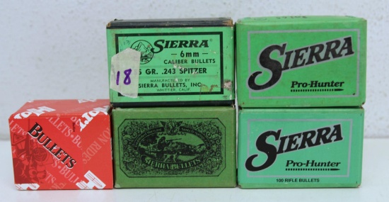 Full Box 100 Hornady 6mm .243 Dia. 75 gr. HP Bullets, Full Box 100 & Parital Box 18 Sierra 6mm .243