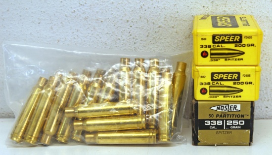 24 Rounds Hornady .338 Win. Mag. New Brass,...Full Box 50 Nosler....338 Cal. 250 gr. Spitzer Bullets