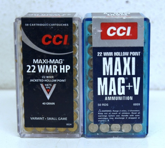 Two Full Boxes CCI .22 WMR Cartridges Ammunition - 1 Box JHP, 1 Box HP Maxi Mag+V...