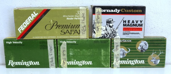 Five Partial Boxes .338 Win. Mag Cartridges Ammunition - Remington Safari Grade 12 Rds. 8 Fired
