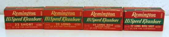 Four Full Vintage Boxes Remington Hi-Speed Cartridges Ammunition - .22 LR, .22 LR Shot, .22 Long,