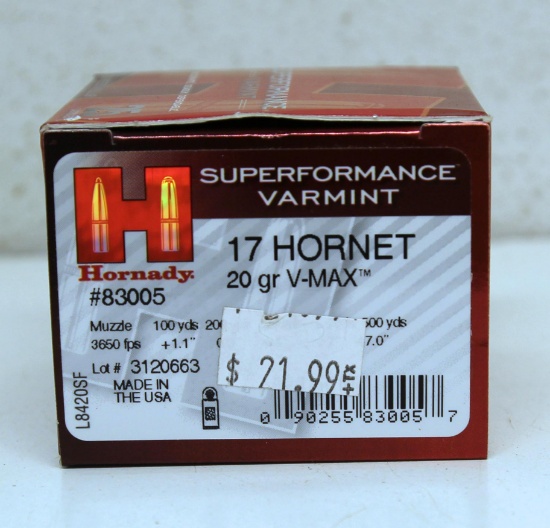 Full Box Hornady...Superformance...Varmint .17 Hornet 20 gr. V-Max Cartridges Ammunition...