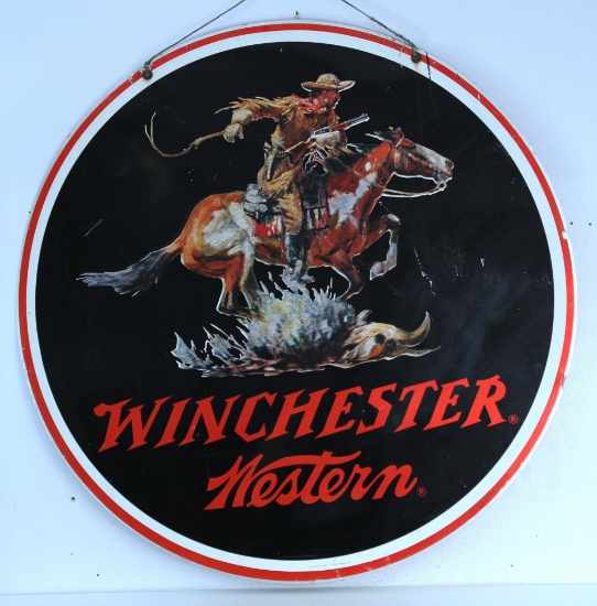 Vintage 38" Winchester Western Metal Enameled Two Sided Store Sign, Some Scrapes and Damage, One