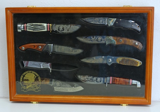 The North American Hunting Club 8 Piece Knife Collection in Wooden & Glass Showcase, Missing 1
