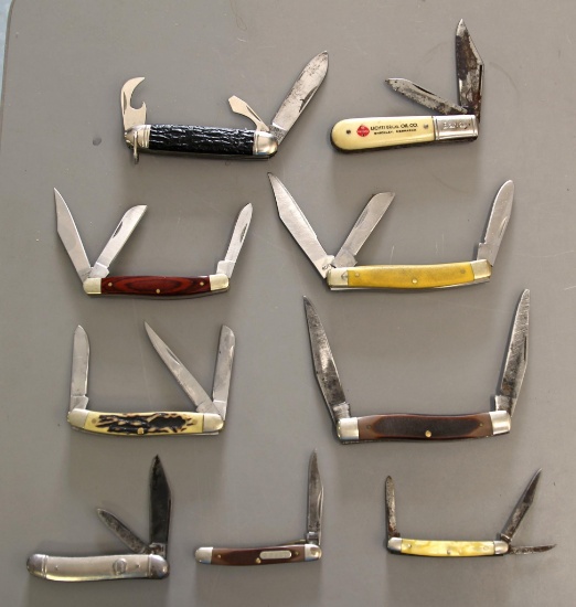 9 Mixed Folding Pocket Knives - 4 Old Timers, 2 Missing Emblems, Richards Sheffield England 3 Blade,