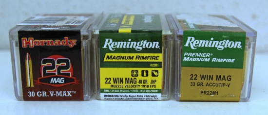 Full Box Hornady 30 gr. V-Max .22 Mag. Rim Fire and Two Full Boxes Remington .22 Win. Mag. (40 gr.
