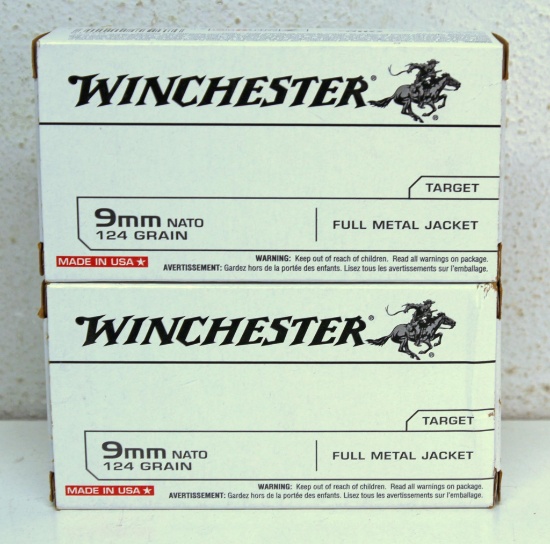 Two Full Boxes Winchester 9 mm NATO 124 gr. FMJ Cartridges Ammunition...
