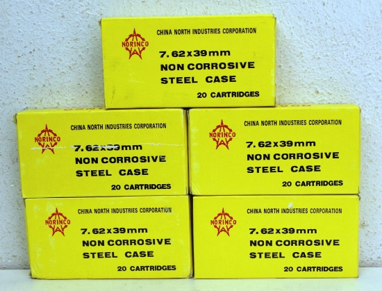 Five Full Boxes Norinco 7.62x39 mm Cartridges Ammunition...