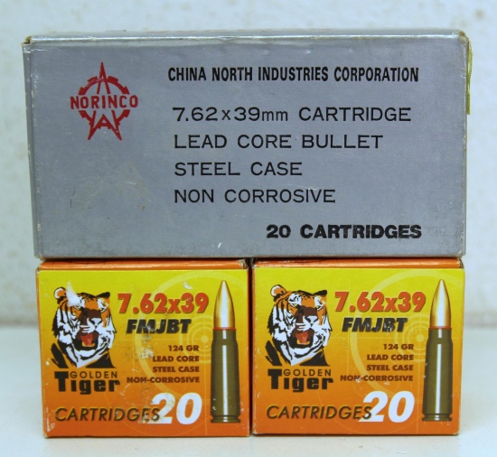 Two Full Boxes Golden Tiger...7.62x39 FMJBT and Full Box Norinco 7.62x39 Cartridges Ammunition...