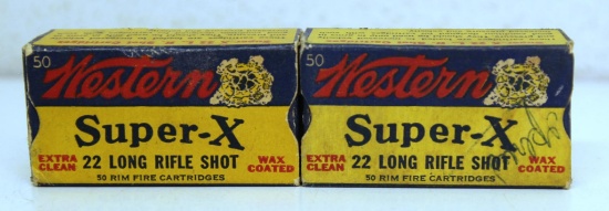 Two Full Vintage Boxes Western Super-X .22 LR Shot Cartridges Ammunition - 1 Box has some pen ink on